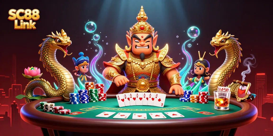 Experience the excitement of SC88 Link with a vibrant poker showdown featuring golden guardians and colorful chips.
