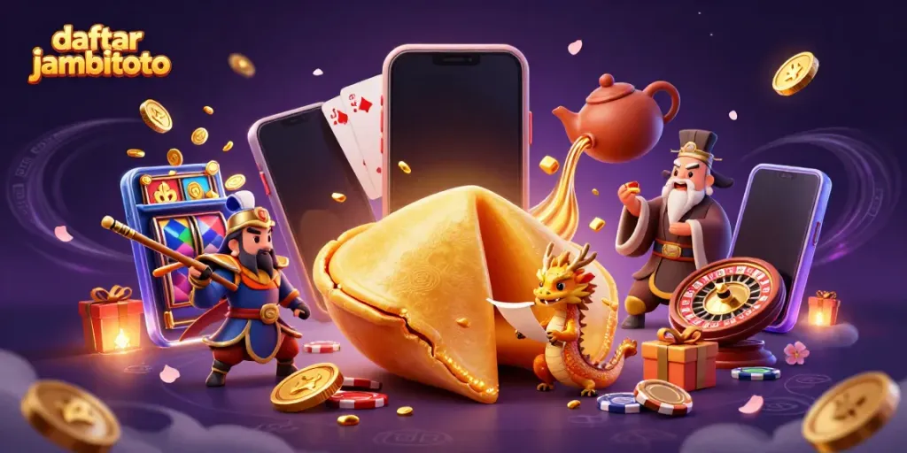 Experience thrilling wins with daftar jambitoto featuring a golden fortune cookie and casino games.