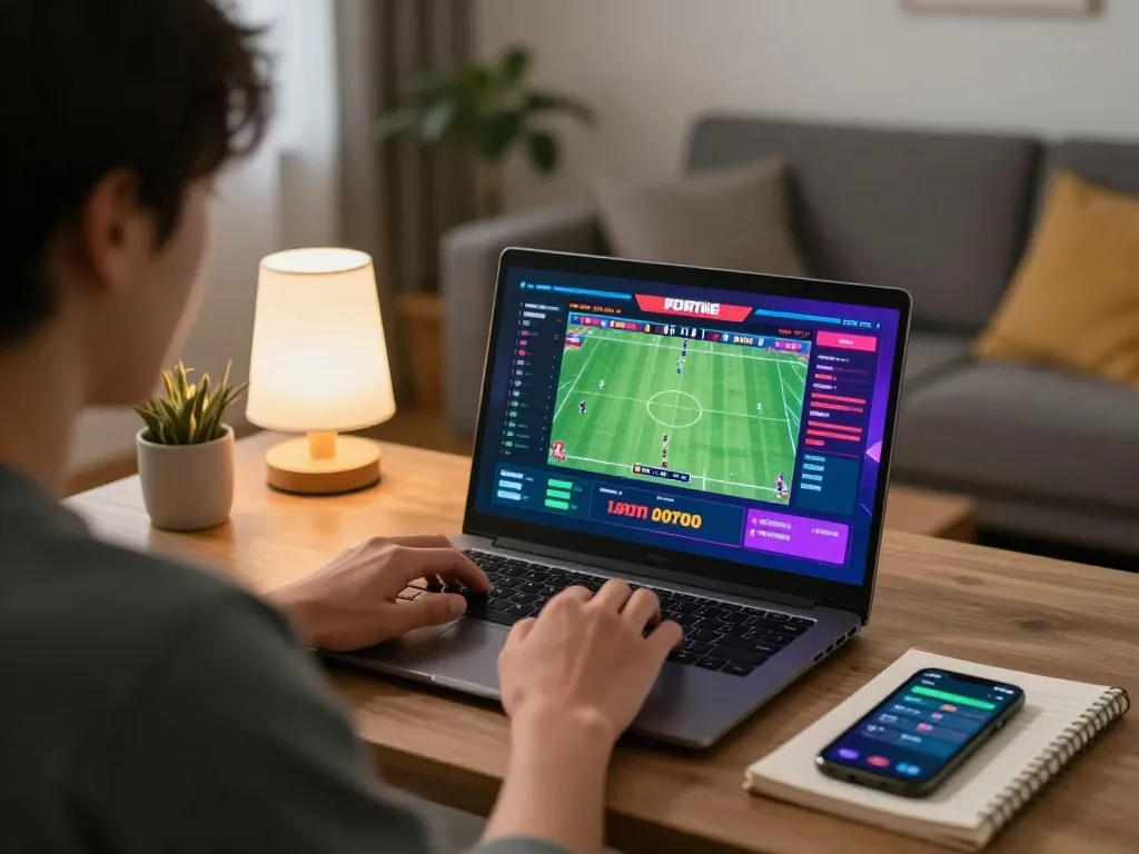 XIBET user engaged in high-stakes sports betting on laptop, showcasing modern gaming setup.