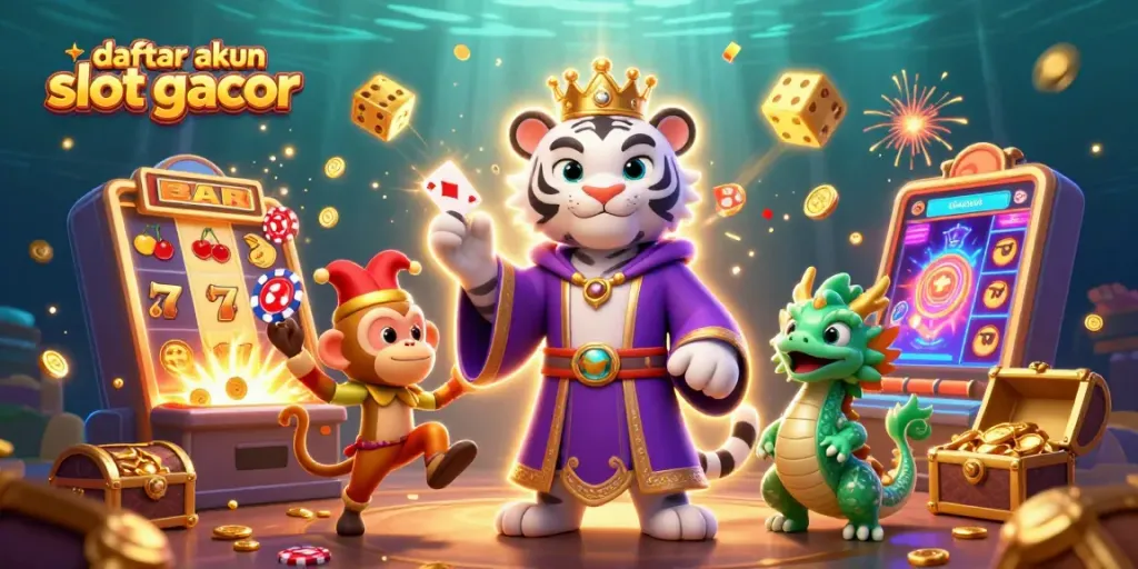 Experience the excitement of daftar akun slot gacor with a vibrant 3D casino scene showcasing lucky symbols and energetic characters.