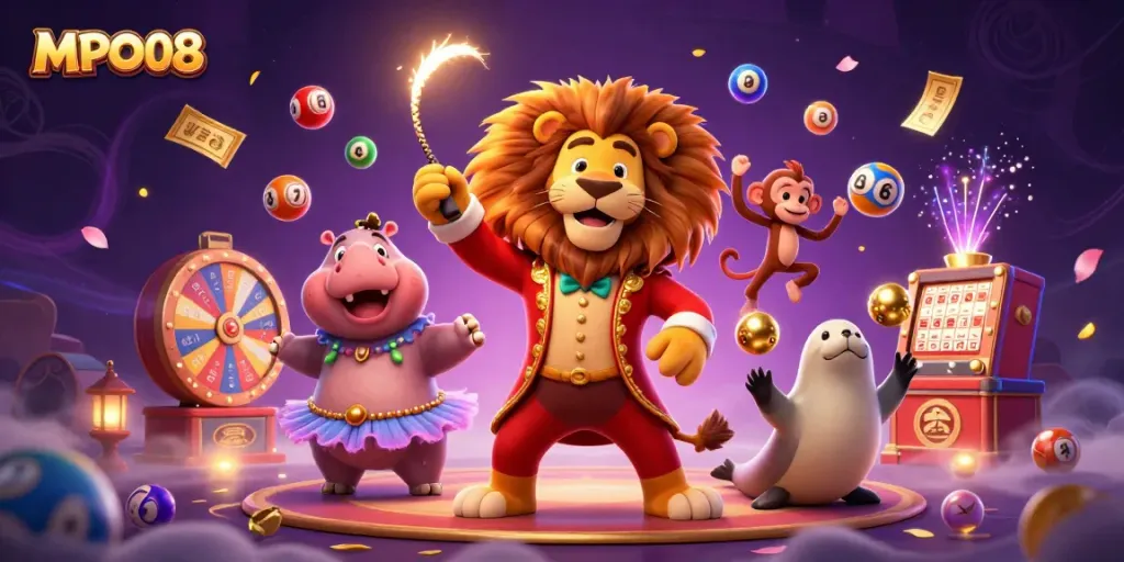 MPO08 engages players with colorful lottery elements and animated characters in a vibrant casino-themed scene.
