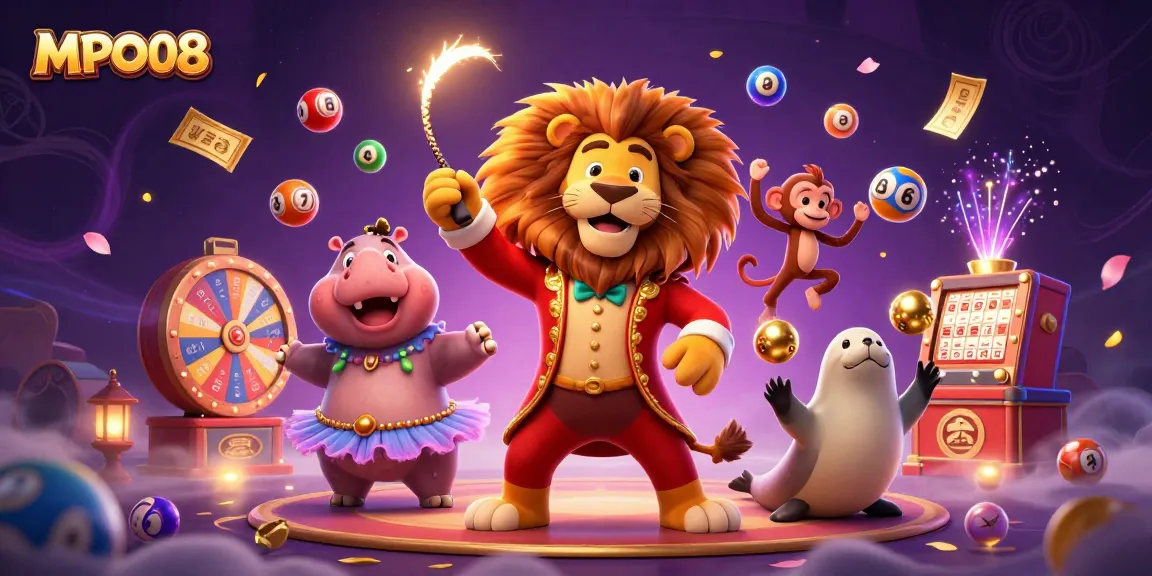 MPO08 engages players with colorful lottery elements and animated characters in a vibrant casino-themed scene.