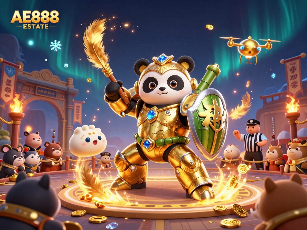 Experience thrilling battles at AE888 ESTATE with a mech-suit panda and vibrant arena elements.
