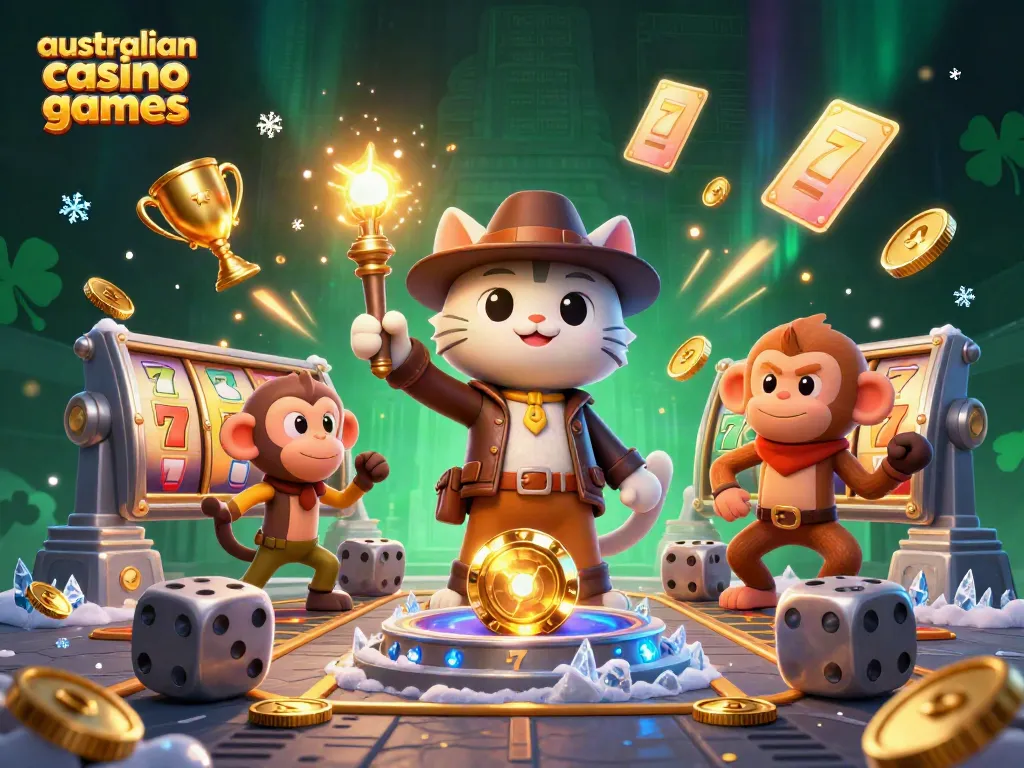 Engaging scene of australian casino games featuring an explorer cat and monkey discovering treasures in a casino.