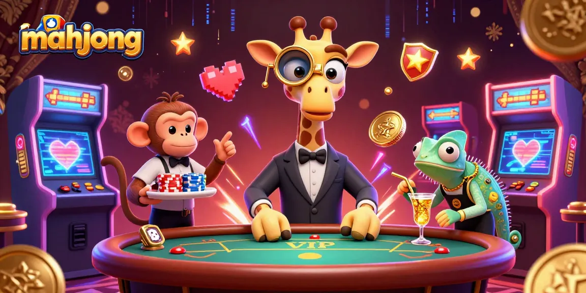 Engage with mahjong action in a vibrant casino scene featuring colorful game elements and characters.