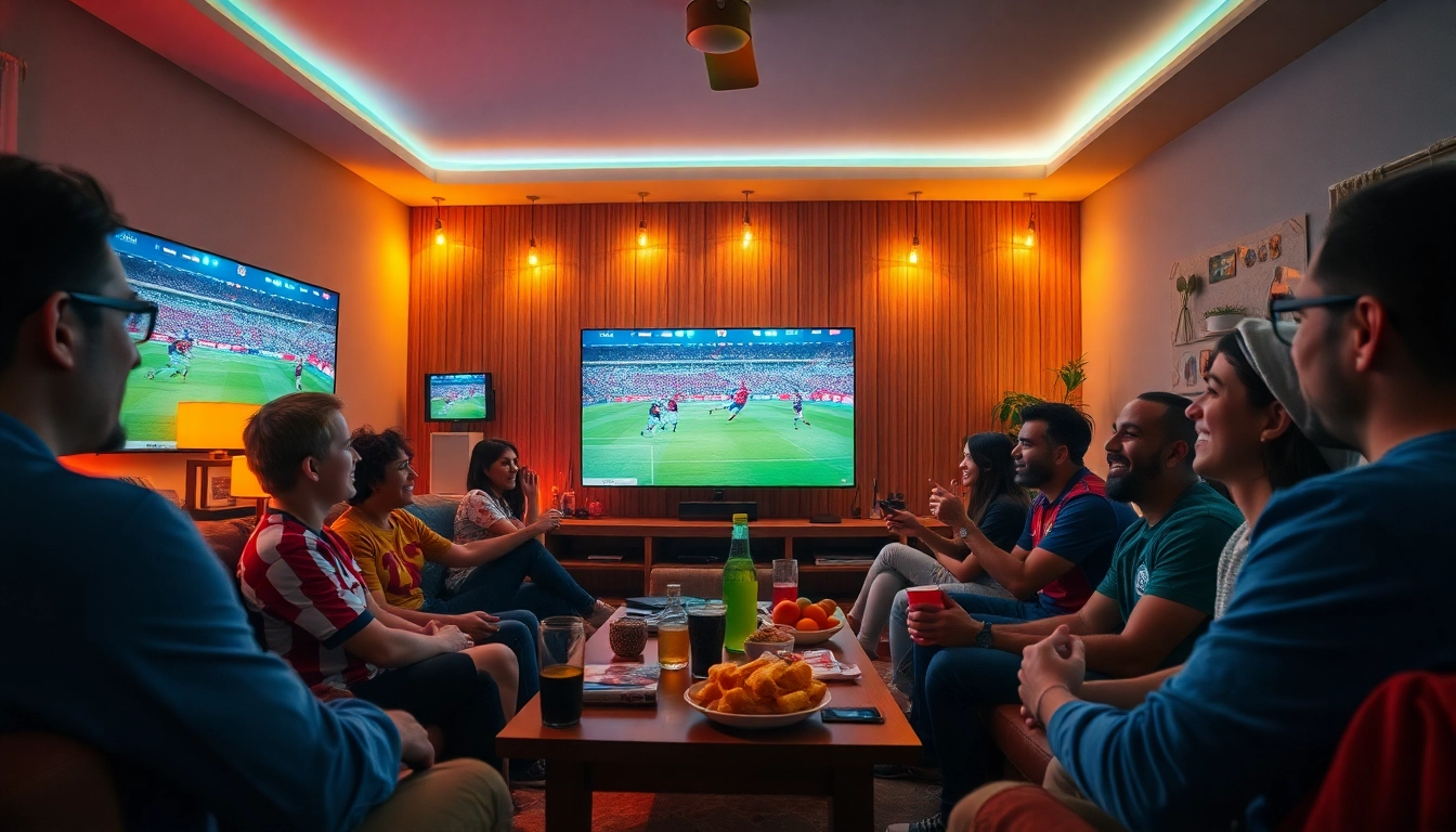 Cakhia TV trực tiếp bóng đá - Fans enjoying a live football match together with vibrant decor and screens.