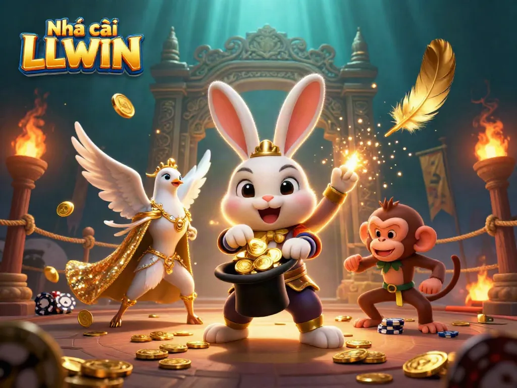 Experience the excitement of Nhà cái LLWIN with a magician rabbit and his playful companions in a vibrant casino setting.
