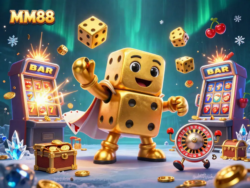 Engage with MM88's vibrant casino world featuring a golden dice golem and rich gaming elements.