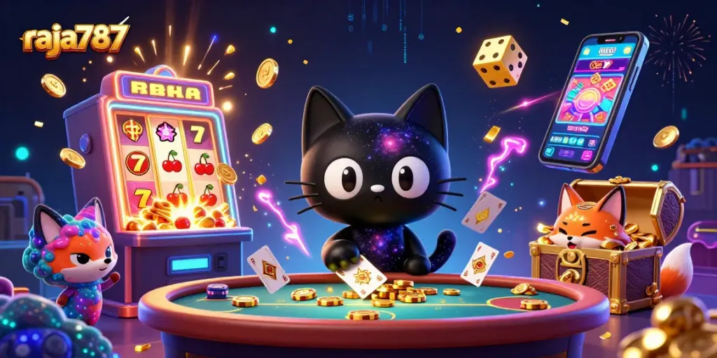 raja787 menarik kesempatan menang dengan simbol slot dan tabel kasino penuh warna