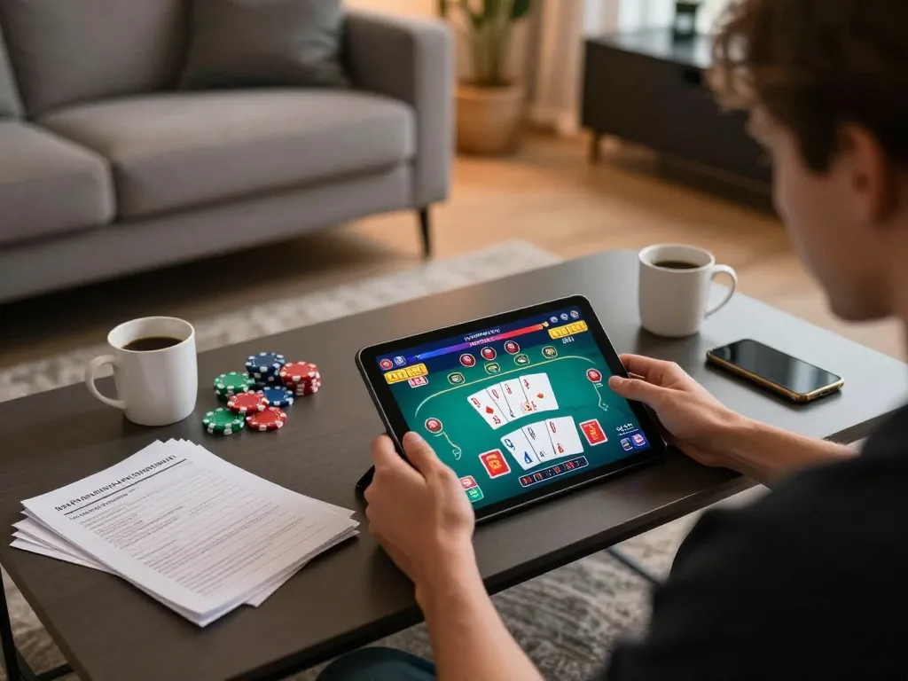 Engaging in online gambling, sc88e playing poker on a tablet in a cozy home setting