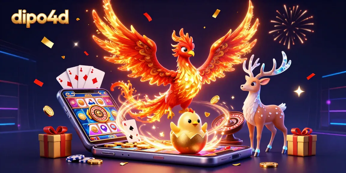 dipo4d showcases a vibrant scene with a fire phoenix, a baby phoenix chick, and mystical stag surrounded by casino gaming elements.
