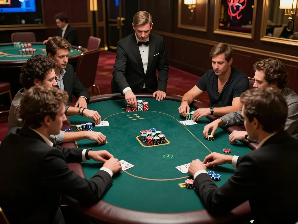 Players strategizing at a high-stakes poker table, highlighting mpoid tactics in an upscale casino setting.