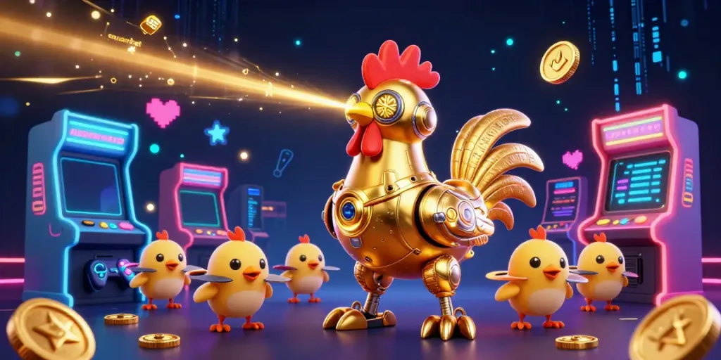 Experience the vibrant world of gambling with sayangbet; iconic golden rooster robot and arcade fun collide.