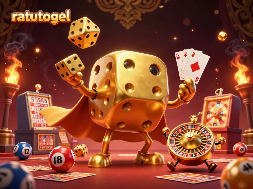 Join the game with ratutogel in an energetic lottery scene featuring a golden dice golem.