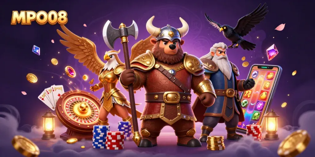 MPO08 showcases a thrilling casino scene with a Viking bear and Valkyrie eagle amidst slot reels and golden coins, creating an exhilarating atmosphere.