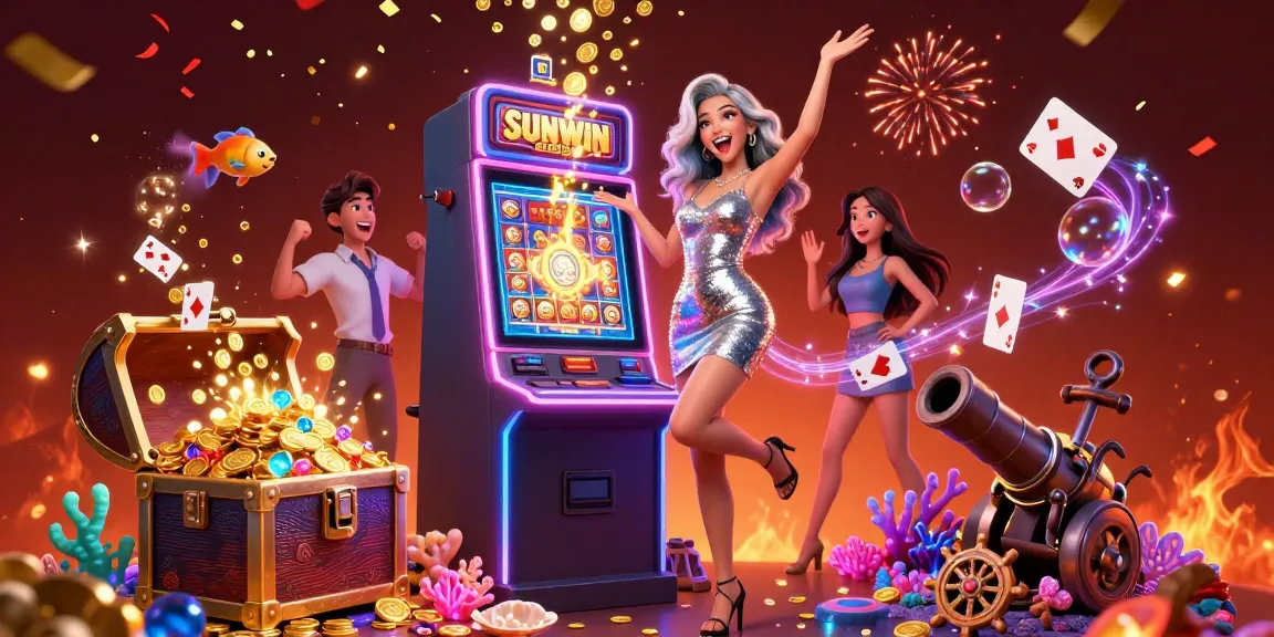 SUNWIN showcases an exciting jackpot scene with a joyful player, shimmering lights, and festive casino elements.
