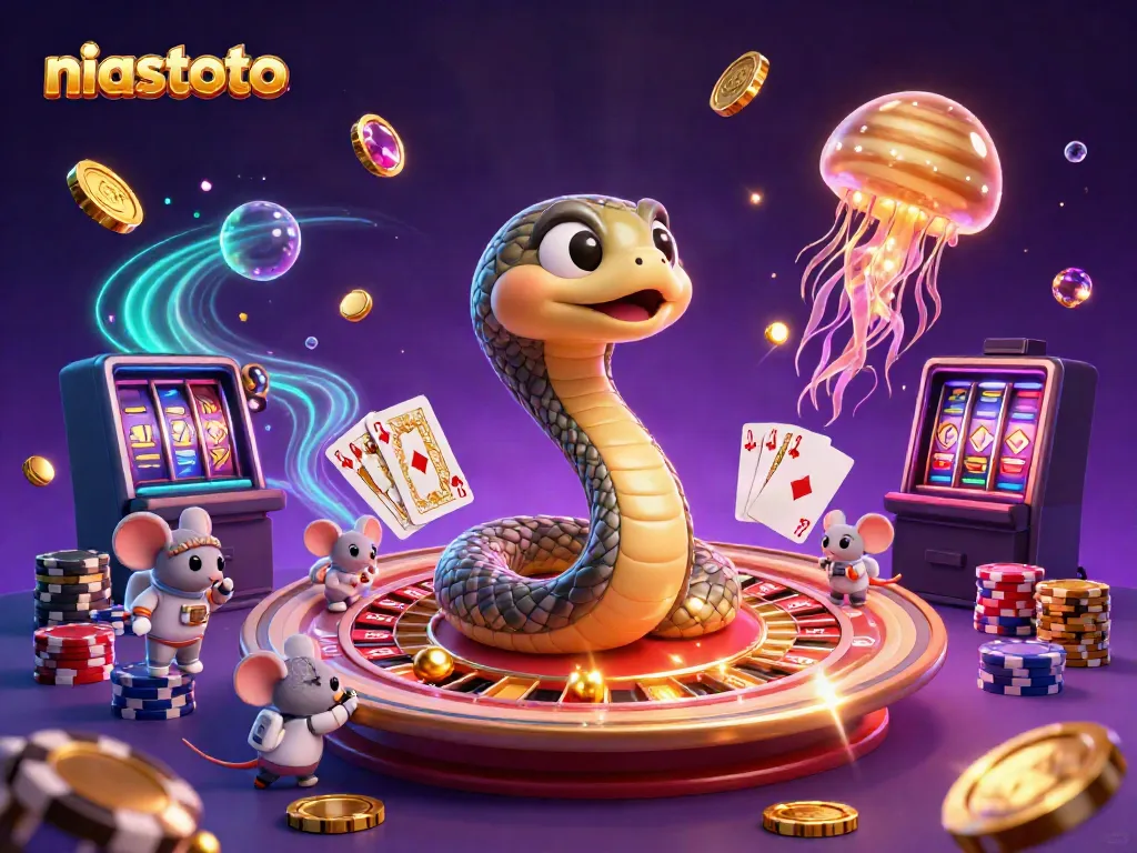 NIASTOTO cosmic dealer illustration with vibrant colors and 3D characters interacting in a casino setting