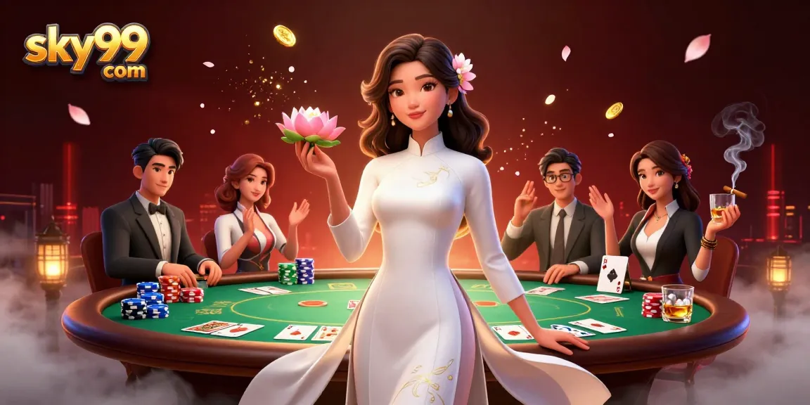 Rasakan keseruan permainan unggulan di sky99 com dengan ilustrasi 3D menakjubkan seorang wanita elegan di meja poker.