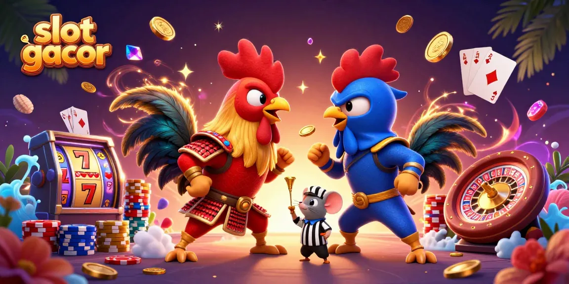 Experience the thrill of slot gacor with dynamic characters and vibrant casino elements in a stunning 3D digital illustration.