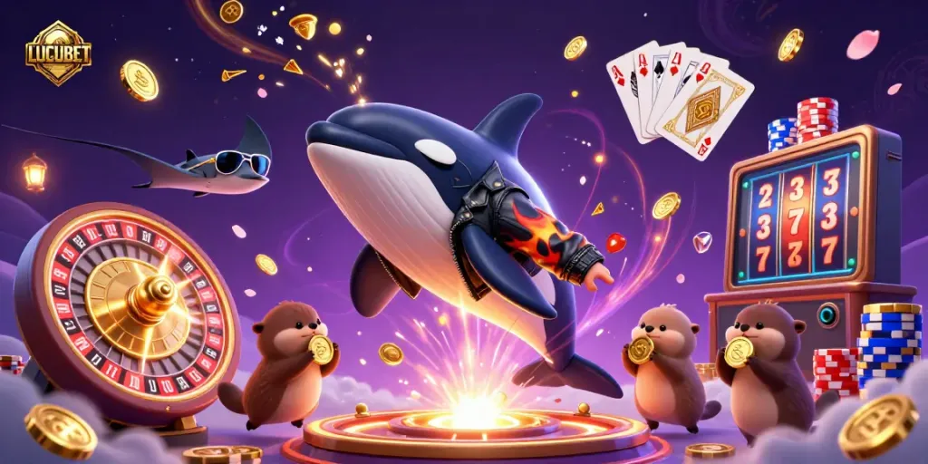 LUCUBET brings online gambling joy with characters celebrating around cascading coins and vibrant gems.