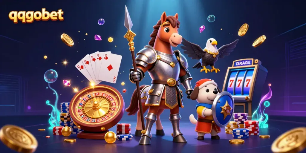 Experience the excitement of qqgobet with a medieval knight and a lively casino scene.