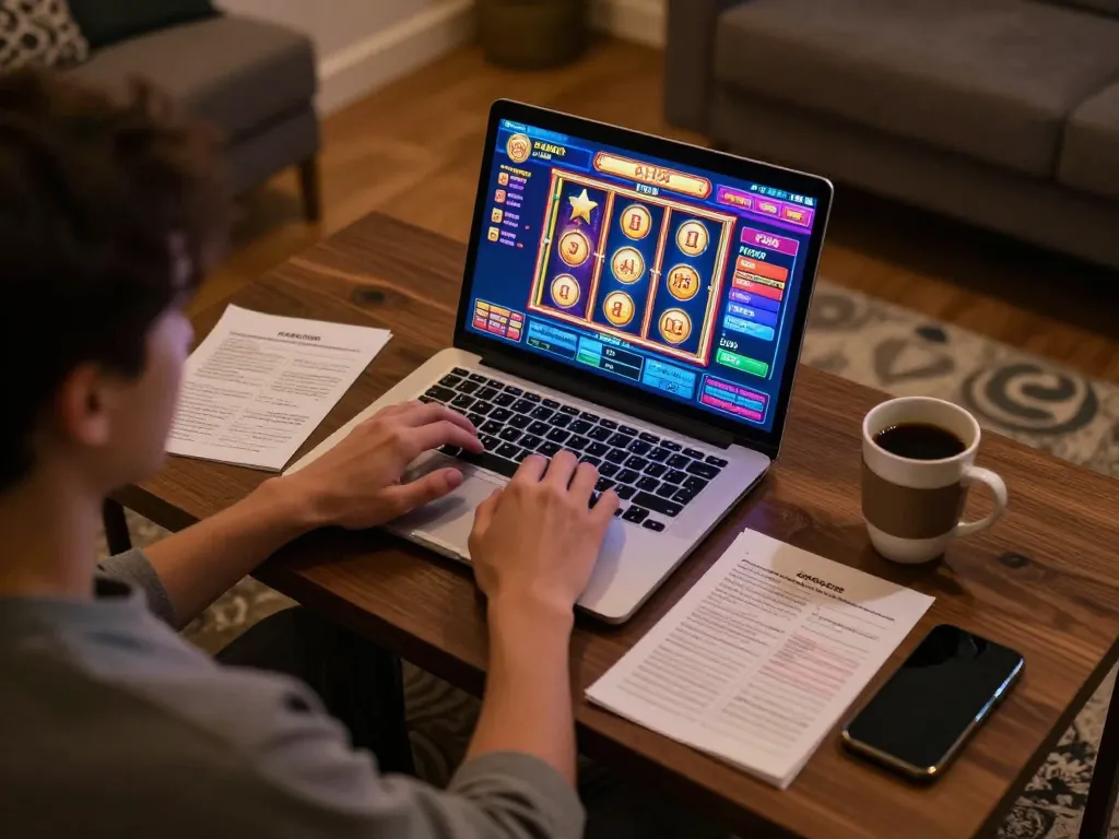 Player engaging in online gaming with CM88 on a laptop while surrounded by strategy notes.