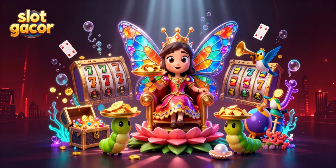 Engage with slot gacor dynamics in a vibrant casino setting, showcasing colorful characters and gaming elements.