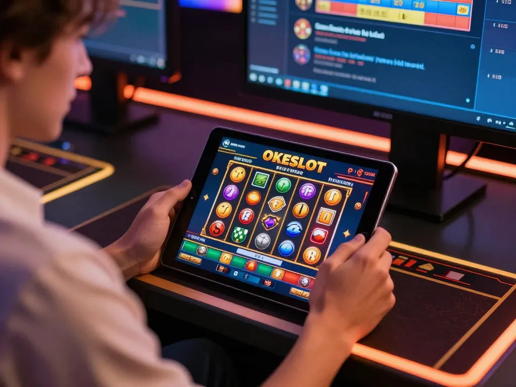 Pemain yang terlibat menggunakan aplikasi kasino OKESLOT di tablet untuk pengalaman bermain yang mendebarkan.