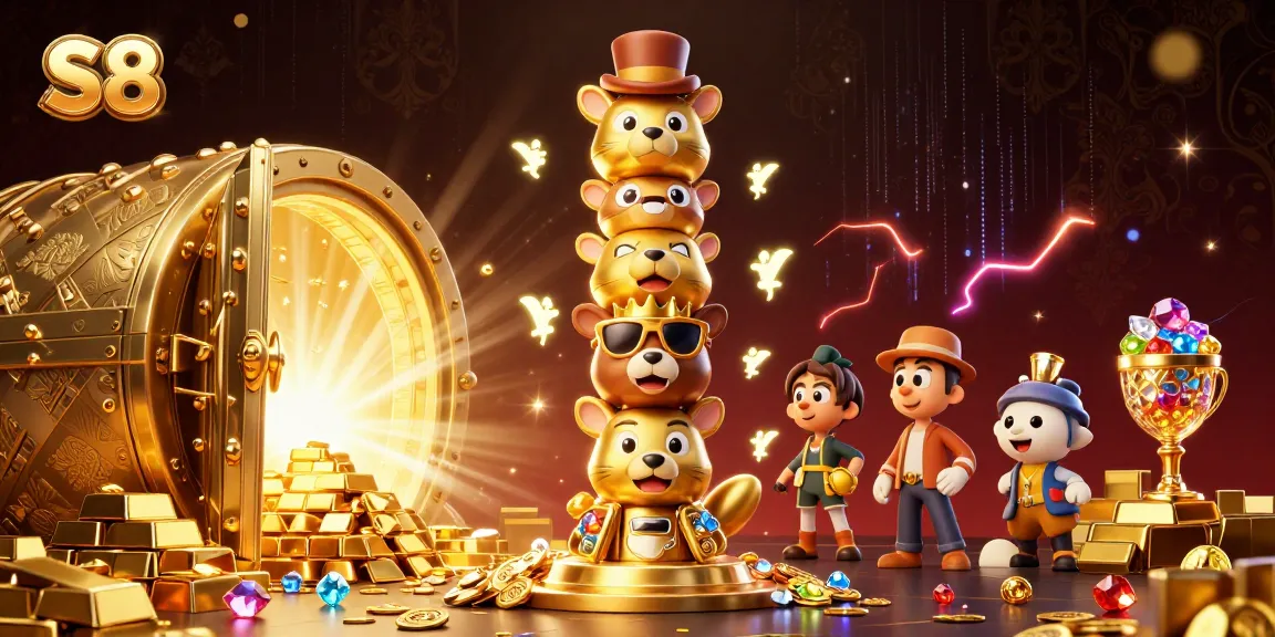 S8 captivates with vibrant 3D casino totem illustration, showcasing treasure and gaming excitement.