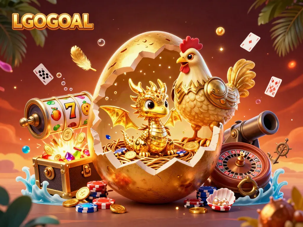 Experience thrilling gaming with LGOGOAL's golden dragon guarding poker chips in a vibrant casino scene.