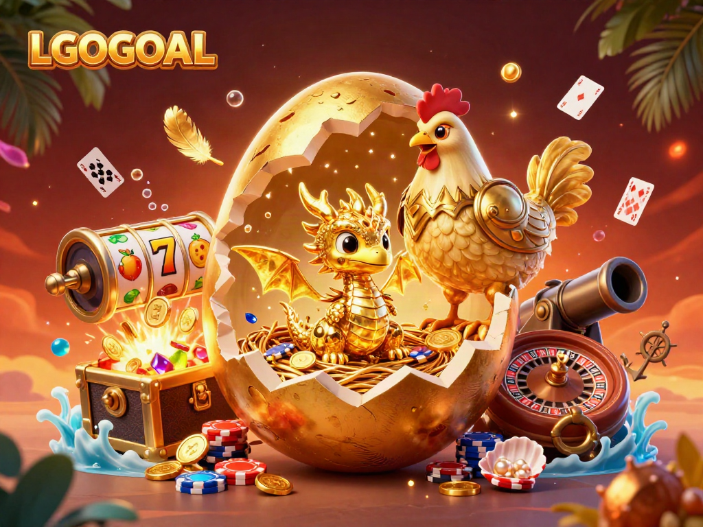 Experience thrilling gaming with LGOGOAL's golden dragon guarding poker chips in a vibrant casino scene.