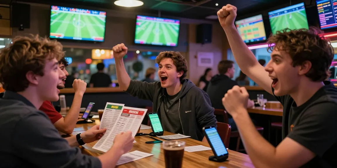 Soi keo nha cai during an exciting football match in a lively sports bar with fans actively cheering and analyzing bets.