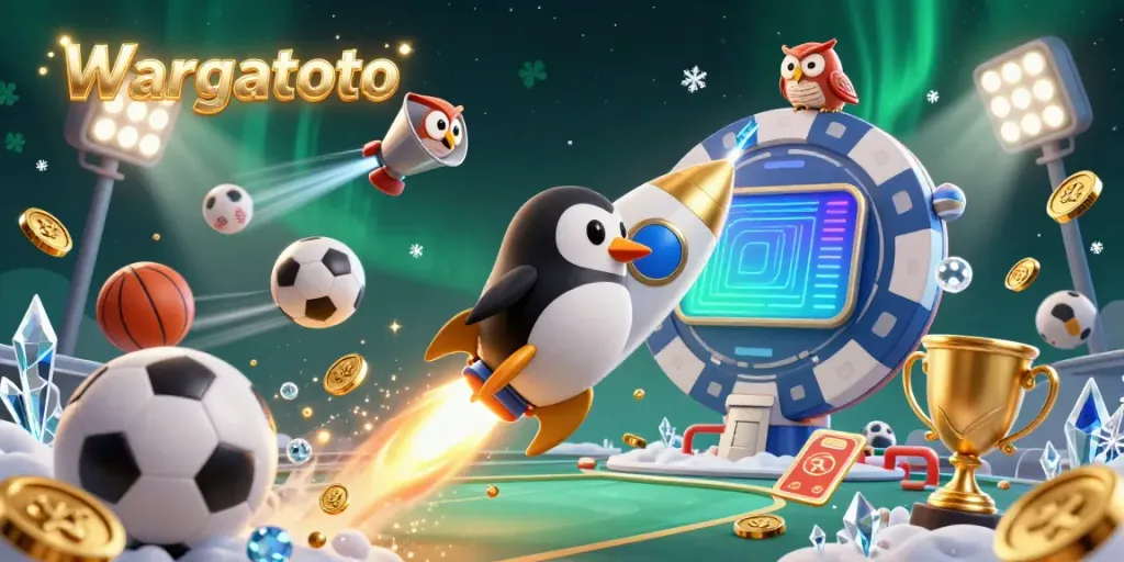 Wargatoto menyajikan ilustrasi dinamis kasino dengan penguin emas meluncur, bola olahraga, dan elemen taruhan.