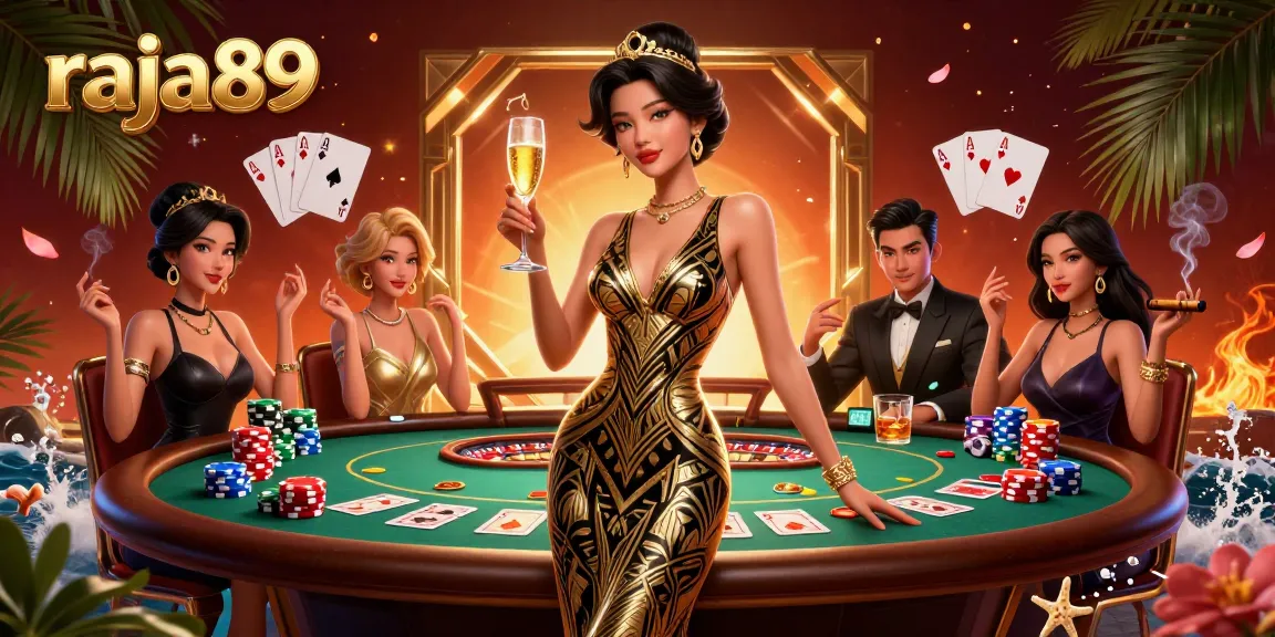 Experience thrilling gameplay with raja89 at a luxurious casino scene featuring a glamorous hostess.