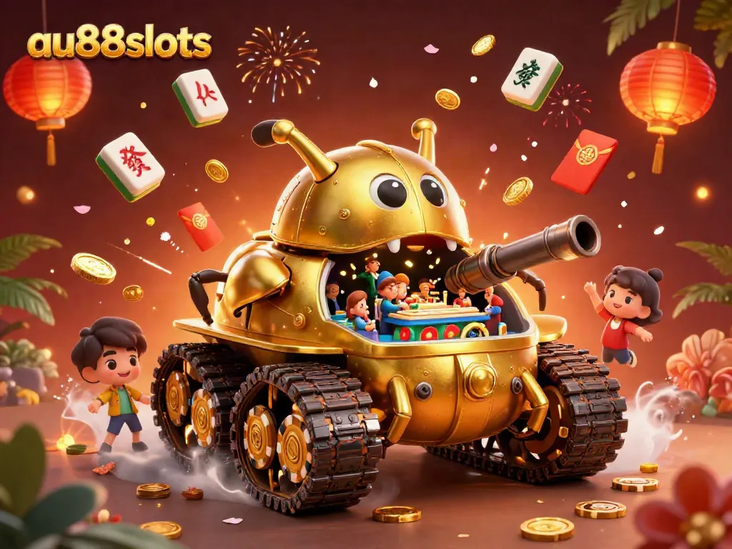 Experience the thrill of gaming at au88slots with a unique golden beetle tank casino illustration.