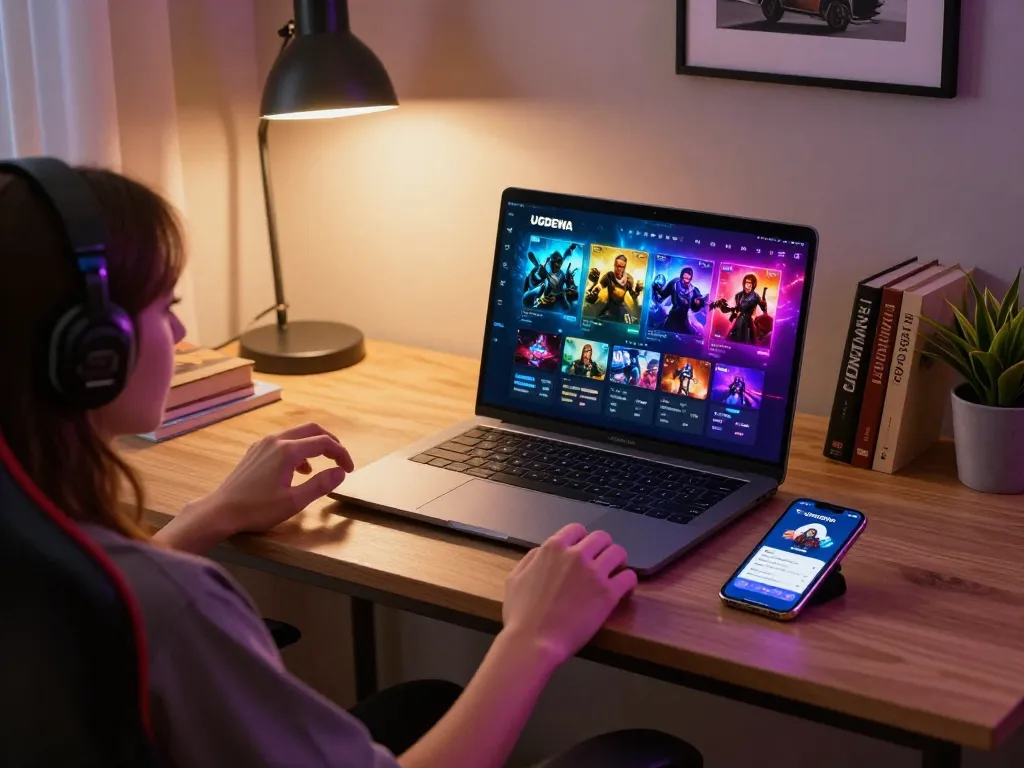 Engaging in UGDEWA online gaming from a stylish home office, showcasing strategic gameplay and bankroll management.