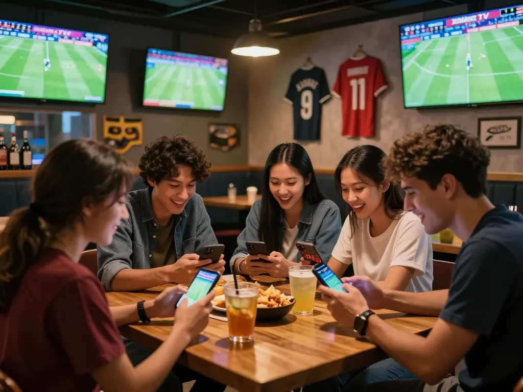 Xoilac TV provides exciting sports betting experience with friends watching live matches in a vibrant sports bar.