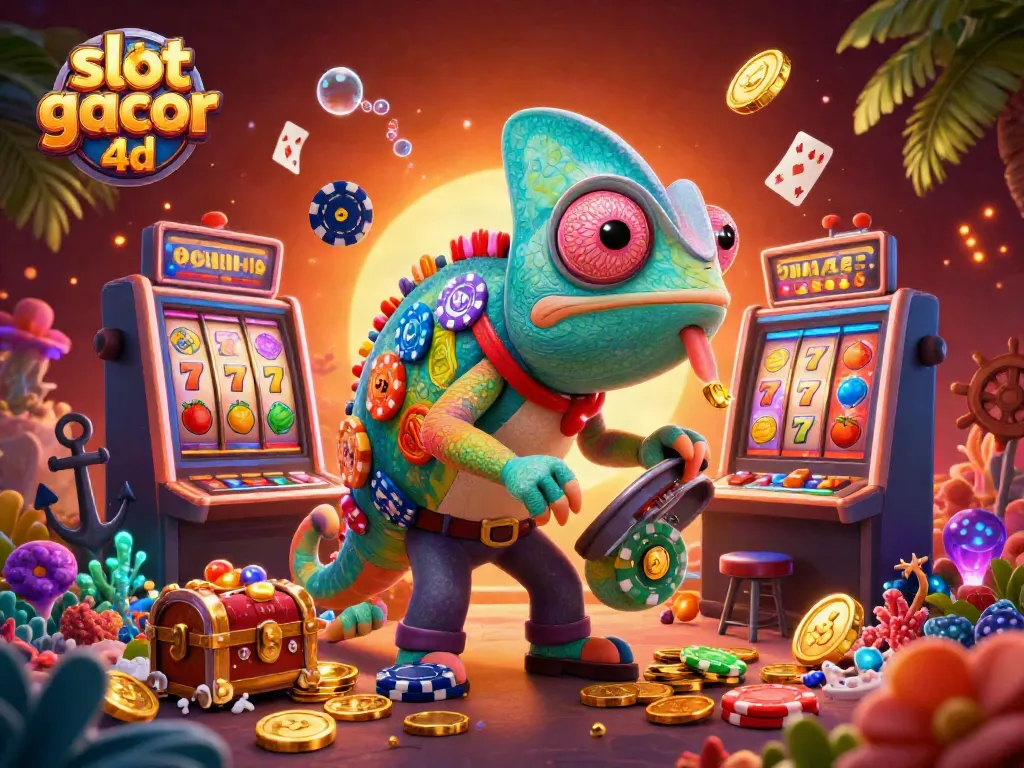 Engage in thrilling gameplay of slot gacor 4d with vibrant chameleon character amidst slot reels.