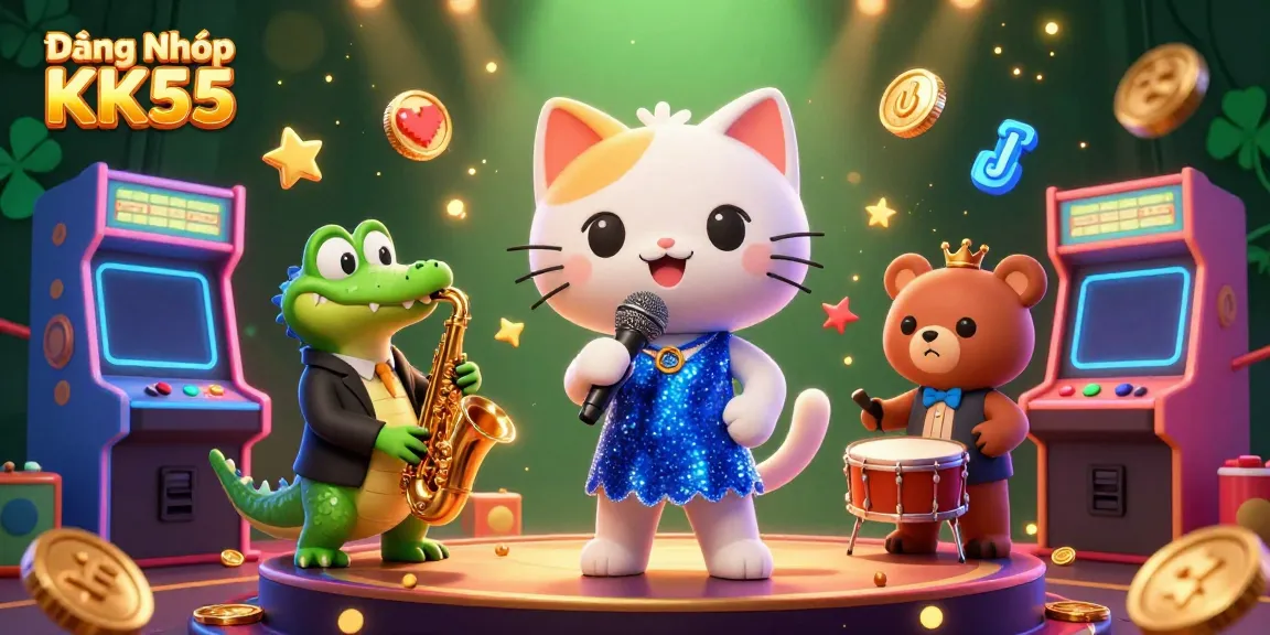 Engage with Đăng Nhập KK55 in this vibrant casino scene featuring a jazzy cat, crocodile, and bear surrounded by gaming elements.