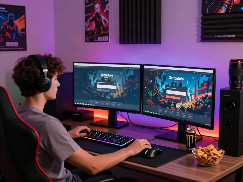 Interactive gaming workspace with Seributoto Login on dual monitors