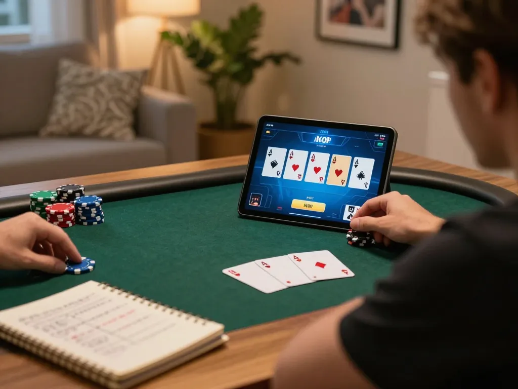 MPOID player enjoying an online poker game on a tablet with strategic notes and warm home ambiance