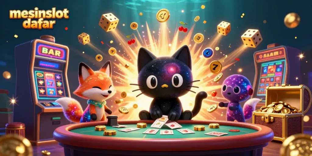 Experience the thrill of mesinslot daftar with our cosmic casino scene featuring a black hole cat and colorful gas cloud fox.