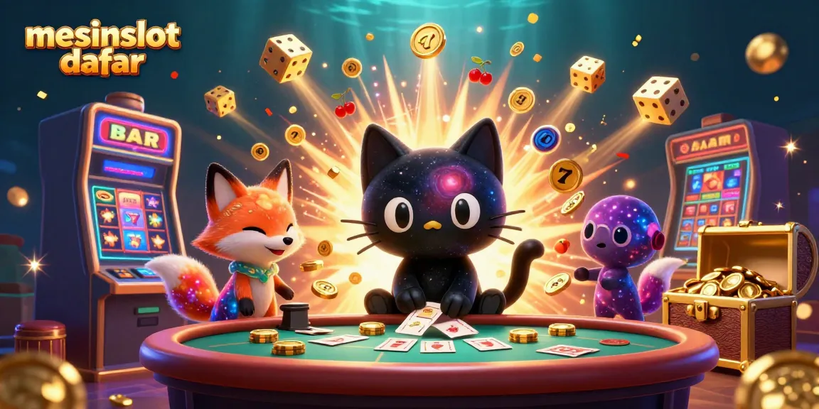 Experience the thrill of mesinslot daftar with our cosmic casino scene featuring a black hole cat and colorful gas cloud fox.