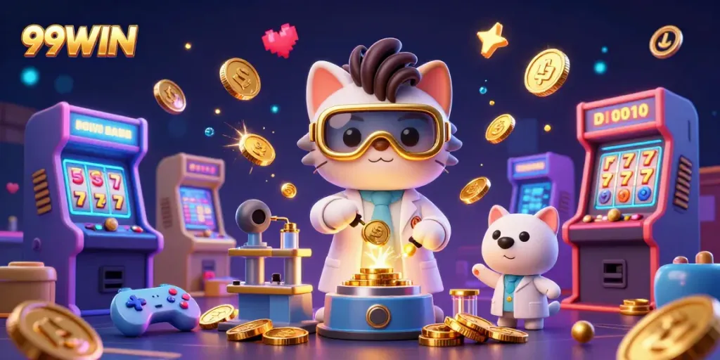 Experience thrilling slots and jackpots with 99WIN in a vibrant 3D gaming scene.