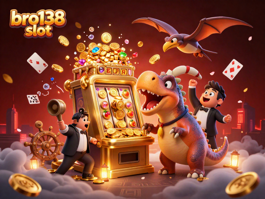Experience the excitement of bro138 slot with a vibrant scene of dinosaurs and a jackpot win.