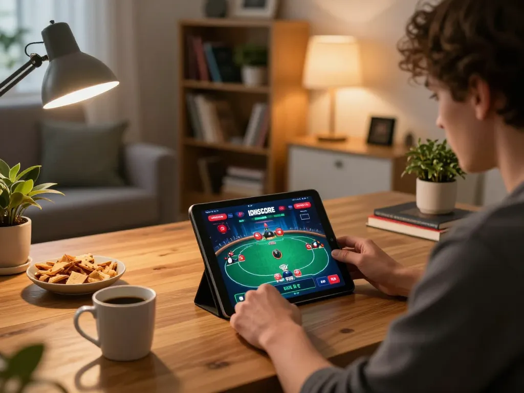 IDNSCORE player engaged in poker game on tablet in a cozy home setting with snacks and coffee.