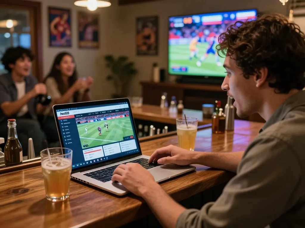 Engaged bettor placing bets on Net88 sports betting platform during live game at home.