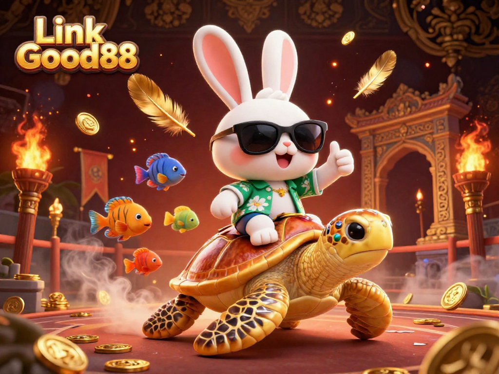 Engage with Link Good88 in this vibrant casino scene featuring a lucky rabbit and golden turtle, enhancing your gaming adventure.