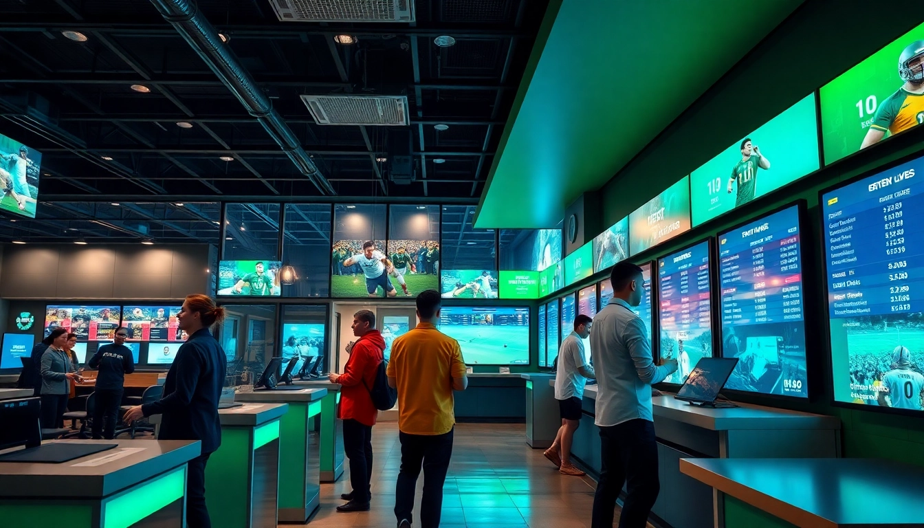 Professional betting office interior showcasing a reputable betting site (nhà cái uy tín) with engaged customers.