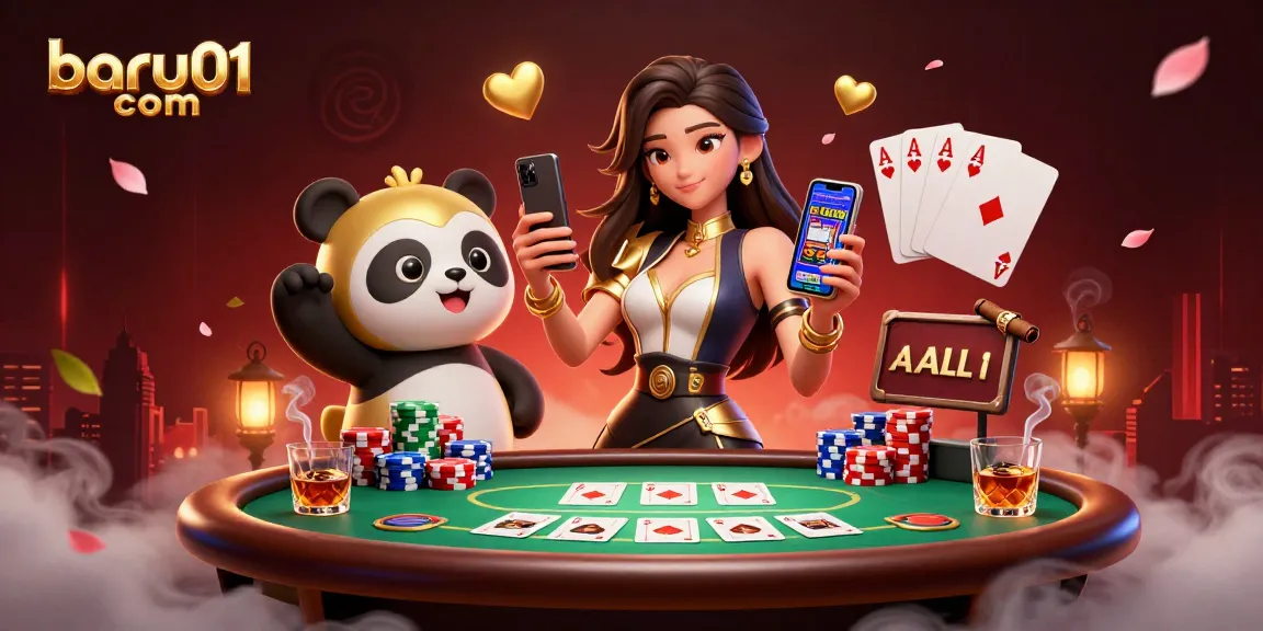 Scene menarik dari baru01 com menampilkan wanita bergaya dan maskot panda di meja poker.
